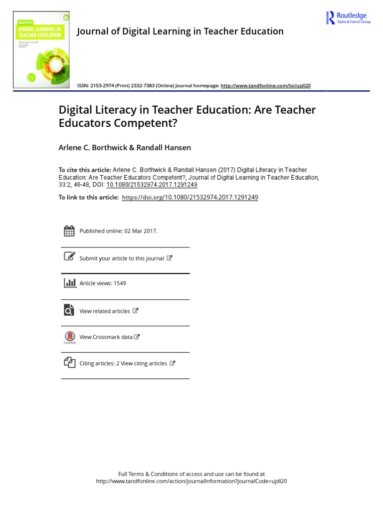 Digital Literacy in Teacher Education Are Teacher Educators Competent ...