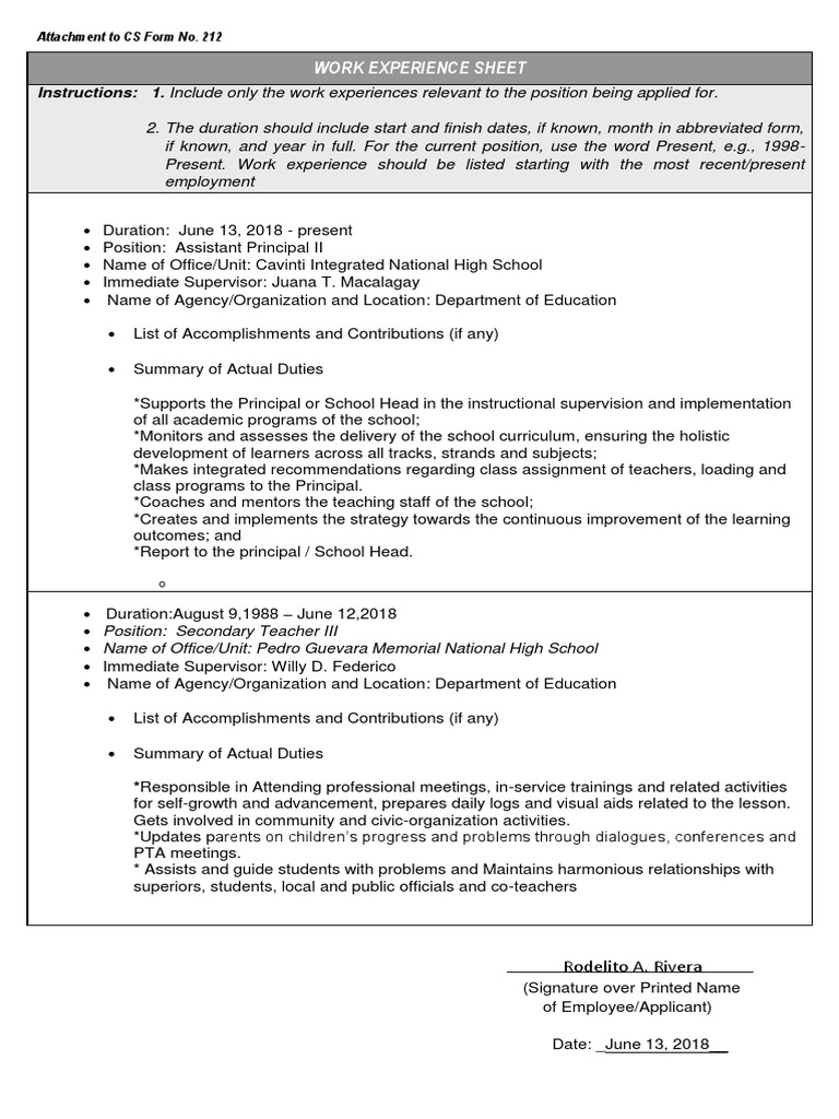 CS Form No. 212 Attachment - Work Experience Sheet (1) Rodel | PDF ...