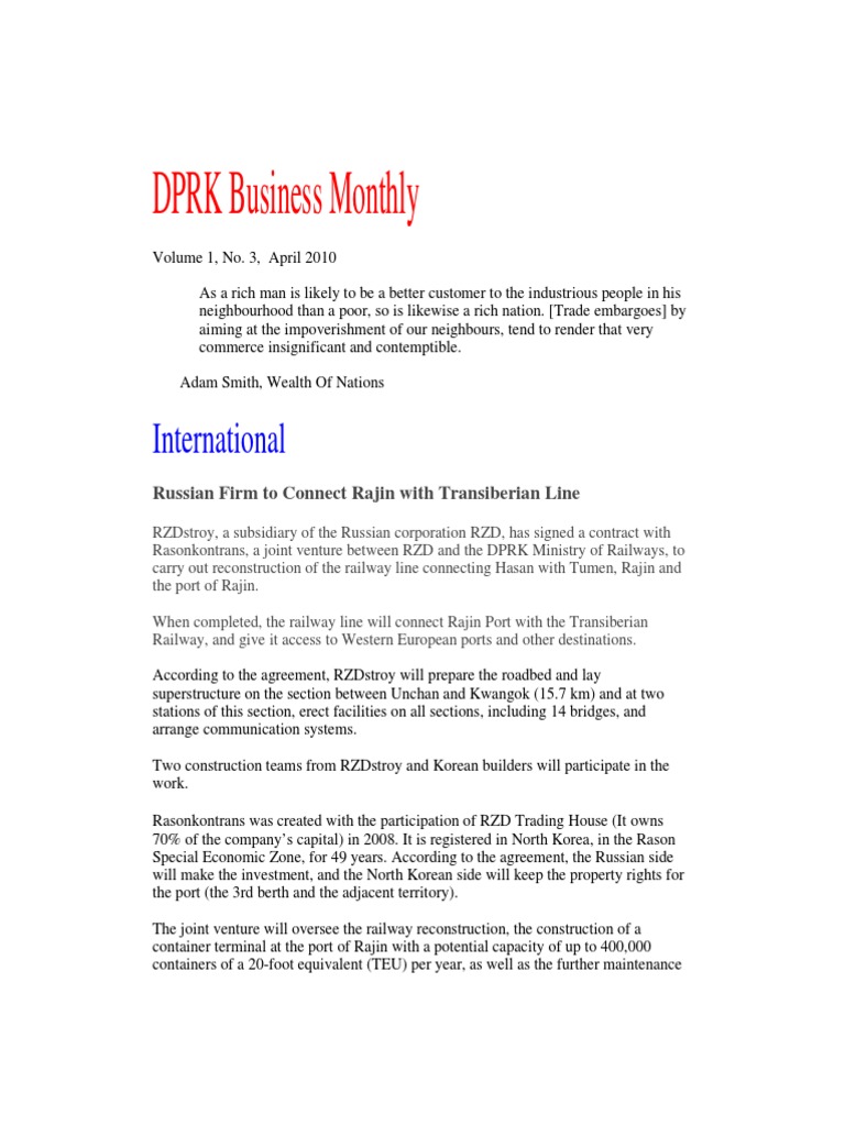 DPRK Business Monthly: International | PDF | North Korea | World Politics