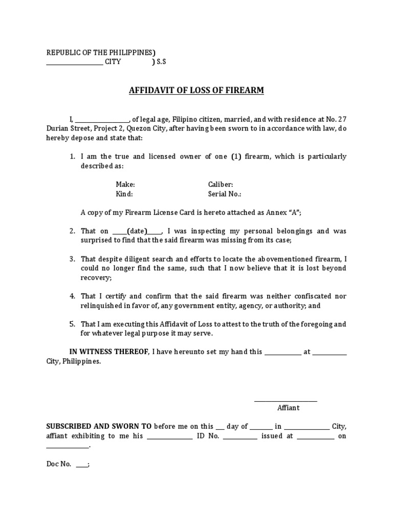 Affidavit of Loss of Firearm PDF