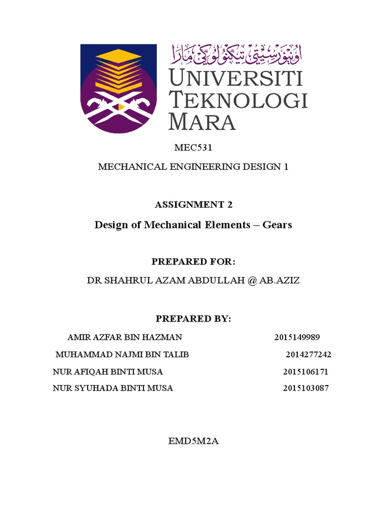 Mechanical Design Assignment Front Page | PDF
