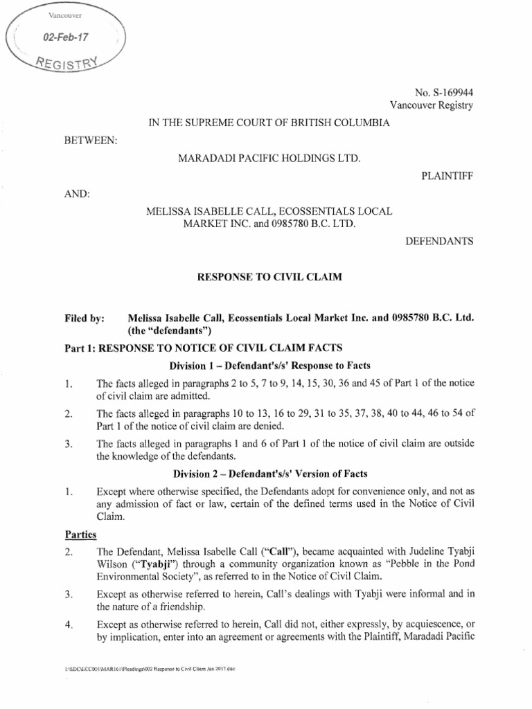 002 FILED Response To Civil Claim Feb 2 2017 PDF Lawsuit Common Law