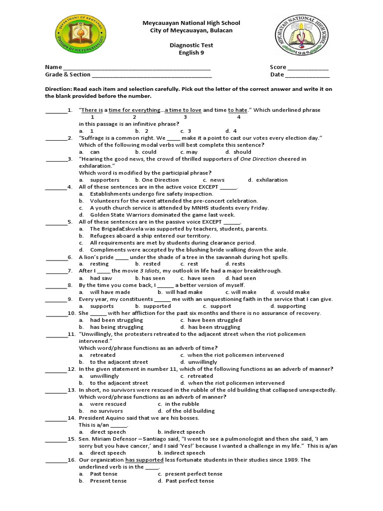Diagnostic test perfect grammar verb