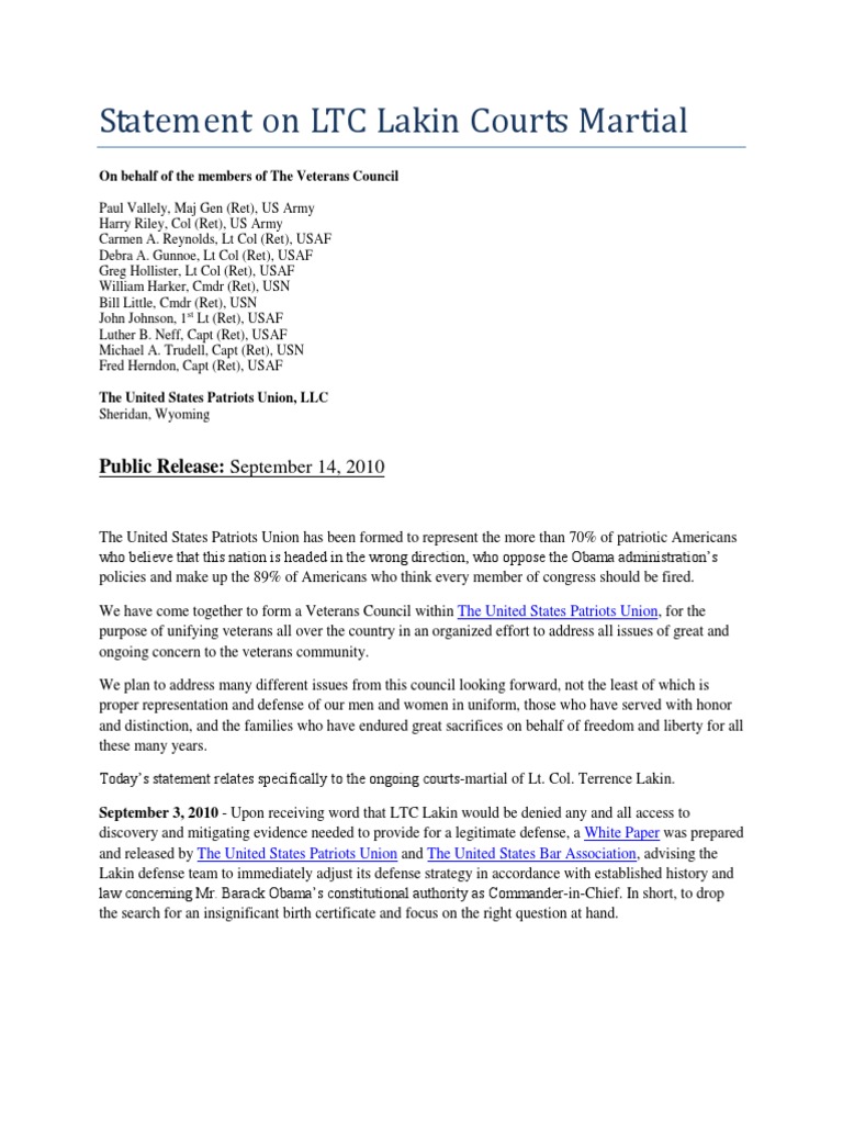 Statement on Lakin Courts Martial Barack Obama The United States