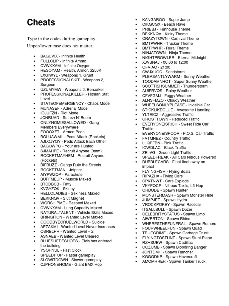 Cheats Type in The Codes During Gameplay. Upper/lower Case Does Not