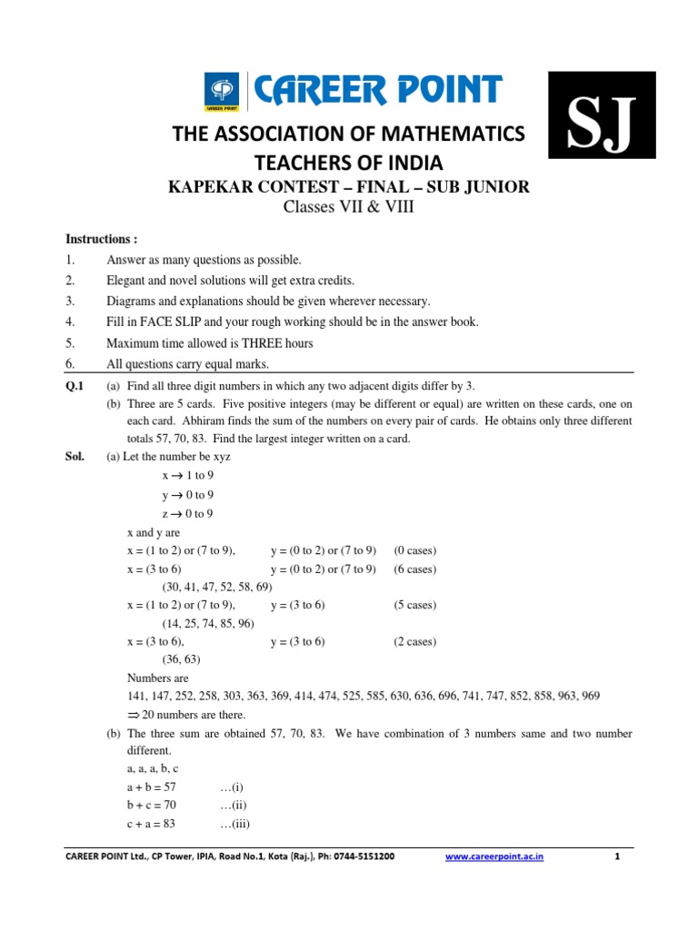 NMTC Sub Junior Contest Solutions | PDF | Numbers | Elementary Mathematics