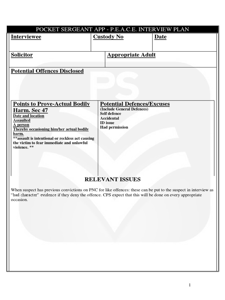 Police Interview Plan Template | PDF | Assault | Crime & Violence