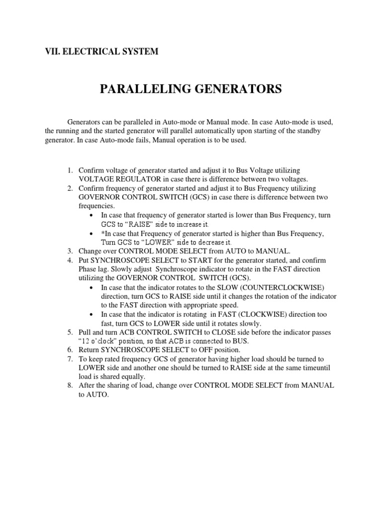 Paralleling Generators Electrical System | PDF | Technology & Engineering