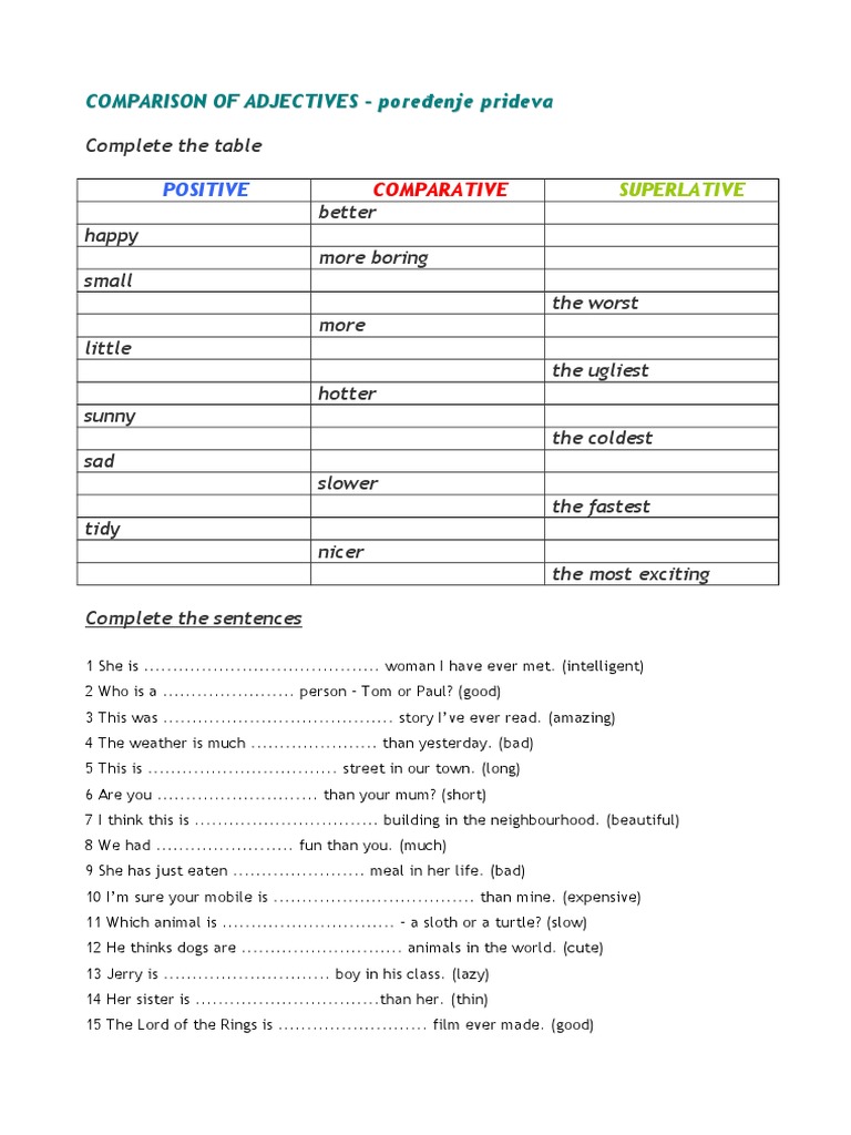 Adjective Comparison Worksheet | PDF