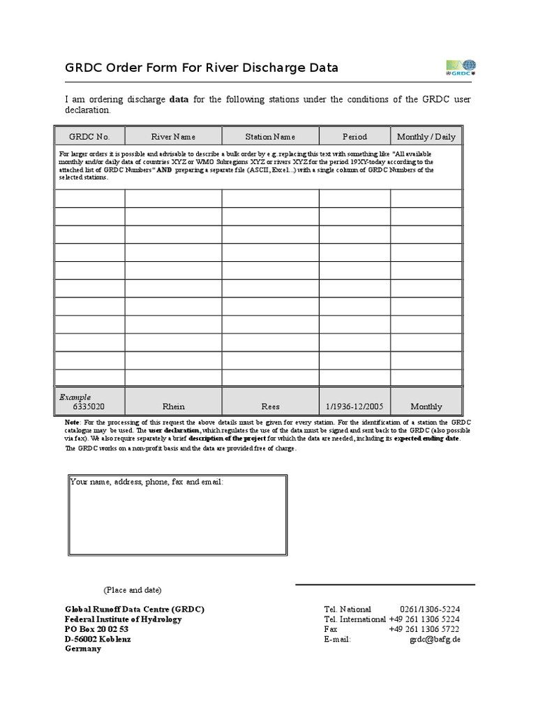 GRDC Order Form For River Discharge Data | PDF