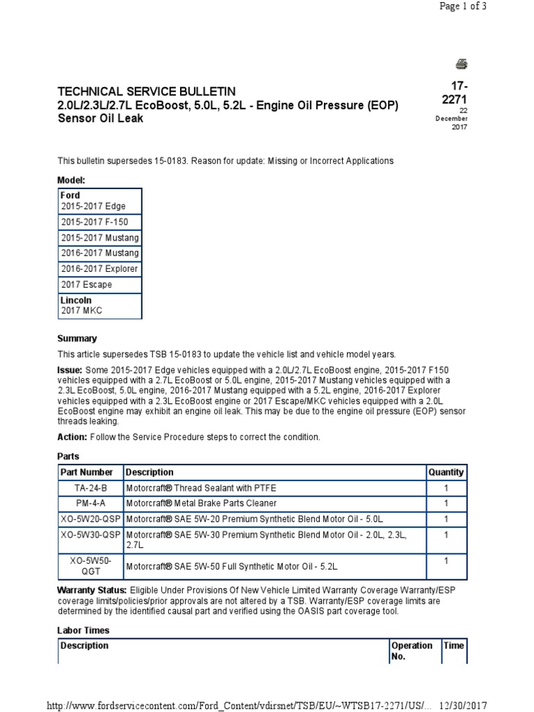 TECHNICAL SERVICE BULLETIN 172271 Transport Ford Motor Company