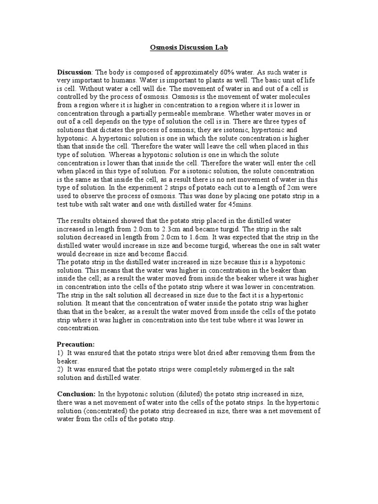 Osmosis Discussion Lab Osmosis Organisms