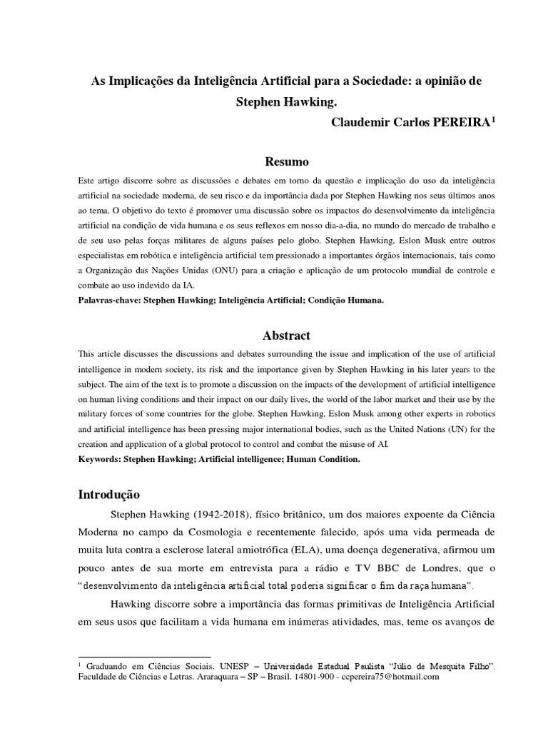 Impactos da IA na Sociedade: Visão de Hawking | PDF | Inteligência ...