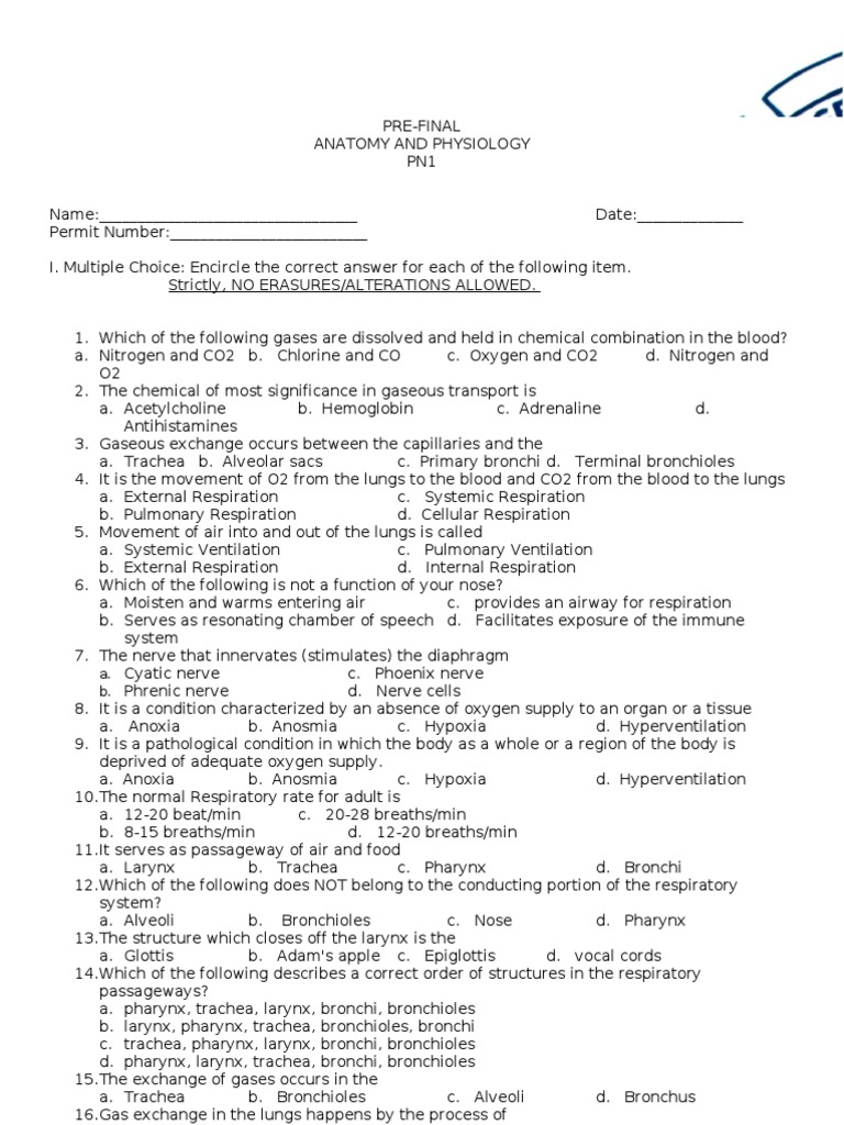 Anatomy and Physiology Exam PN1 | PDF | Respiratory System | Heart Valve