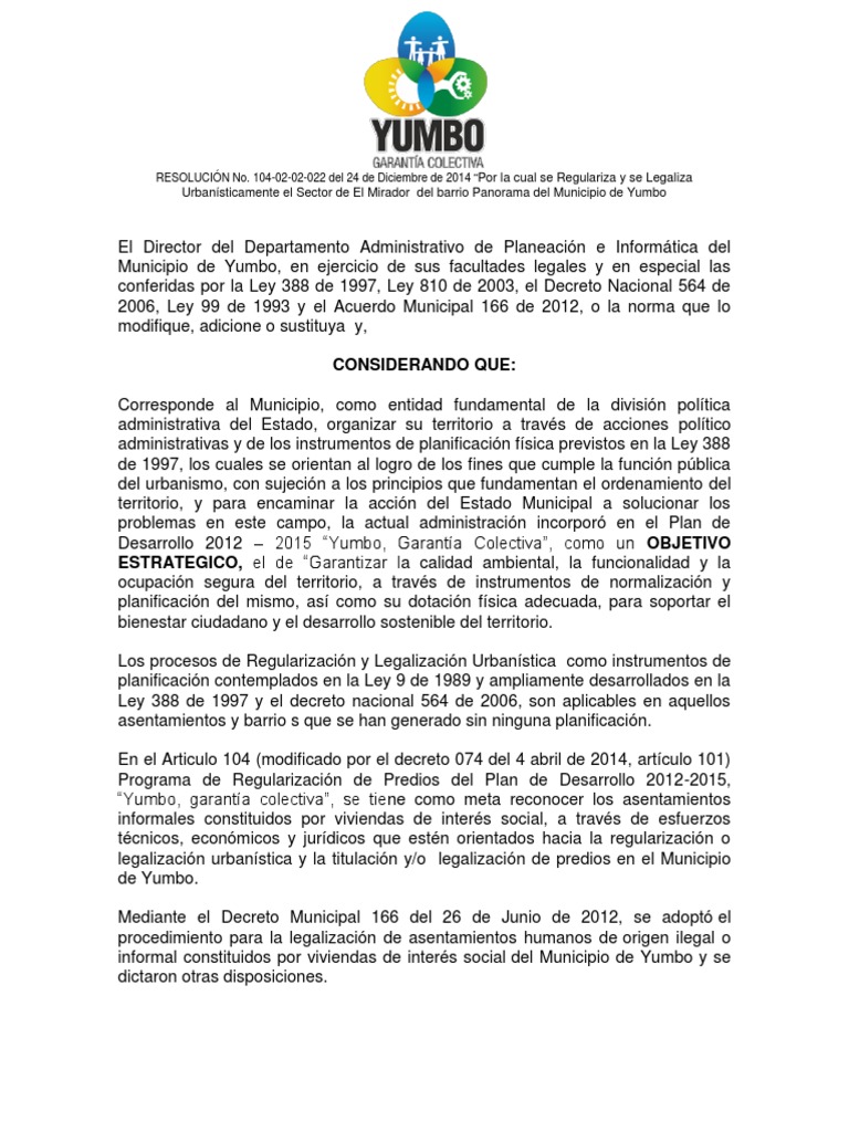 Resolución Final Legalización Sector Mirador-Panorama 104 