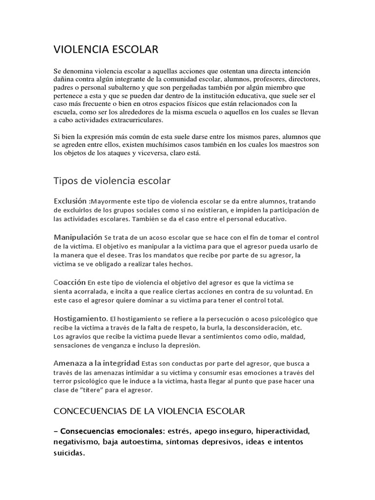 Tipos y Consecuencias de la Violencia Escolar | PDF | Violencia ...