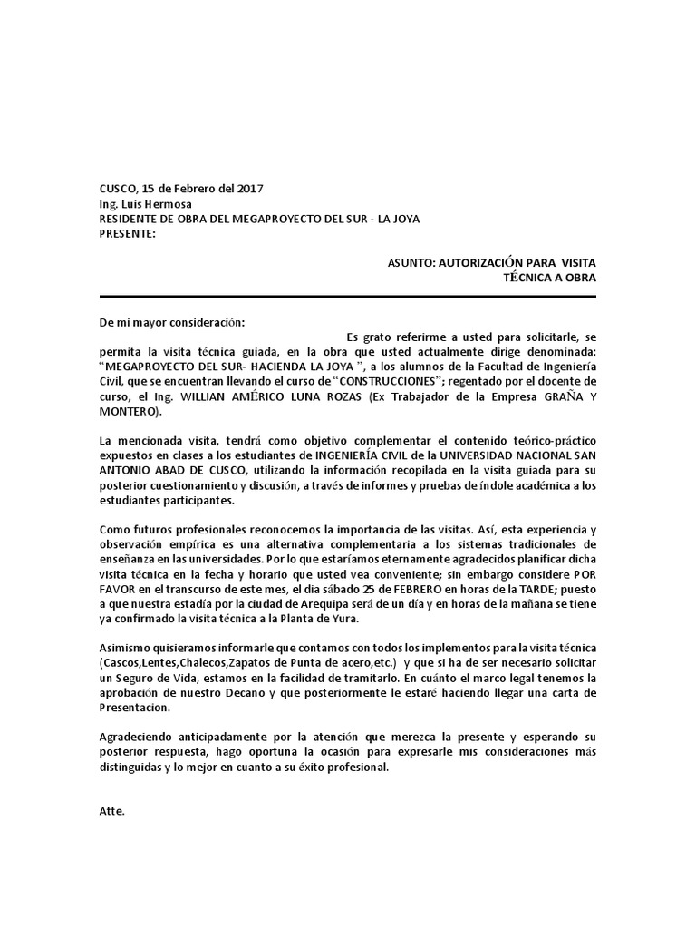 Modelo Solicitud Visita A Obra Pdf