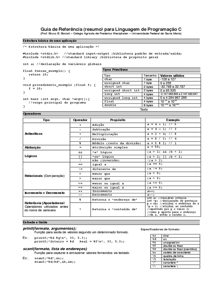 Resumo C | PDF | Tipo de dados | C (linguagem de programação)