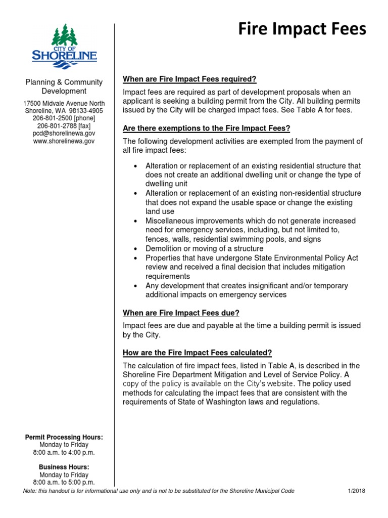Shoreline Fire Impact Fees PDF Fee Fire Sprinkler System