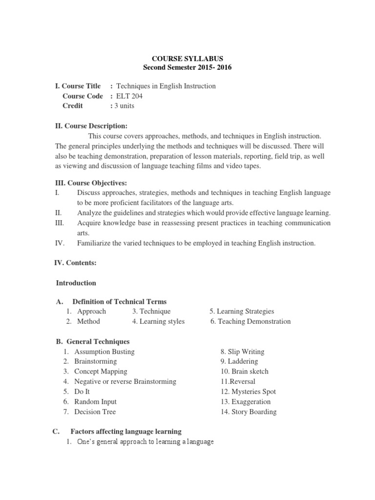 Course Syllabus (Elt 204) | PDF | Language Education | Language Acquisition