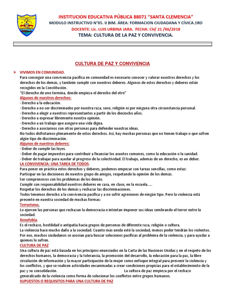 Cultura de Paz y Convivencia Democrática | PDF | Democracia ...