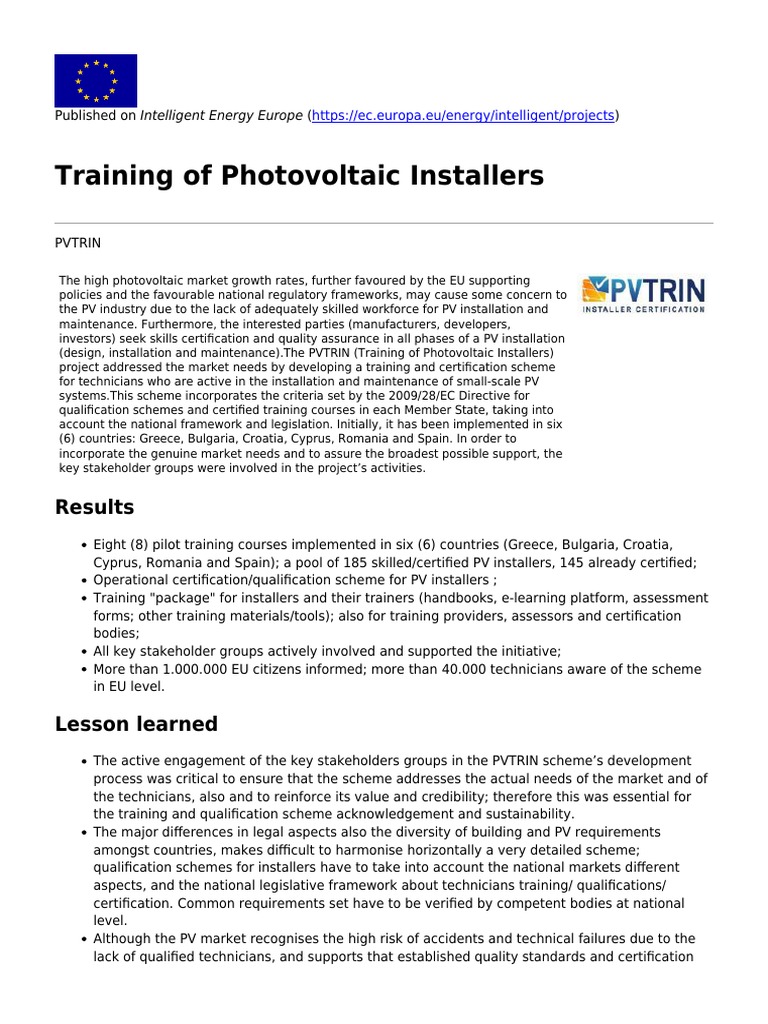 Training Scheme for PV Installers | PDF | Photovoltaics | Solar Power