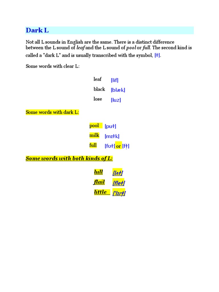 Dark L Some Words With Both Kinds of L Lull Flail Little PDF