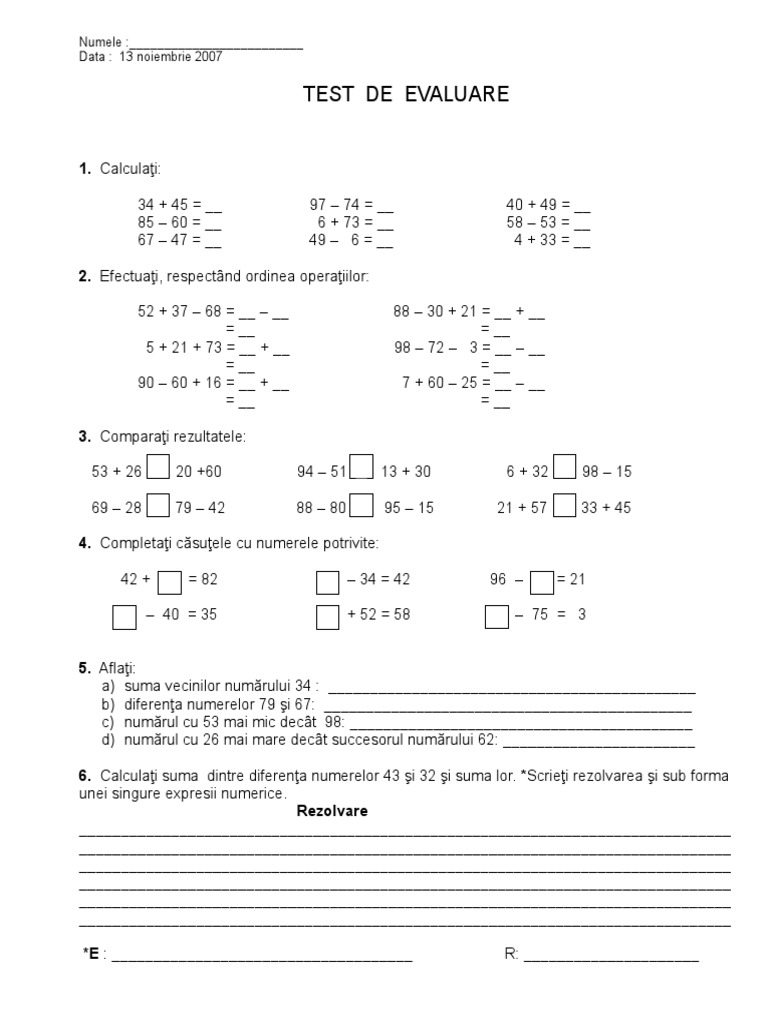 Test de Evaluare Matematica | PDF