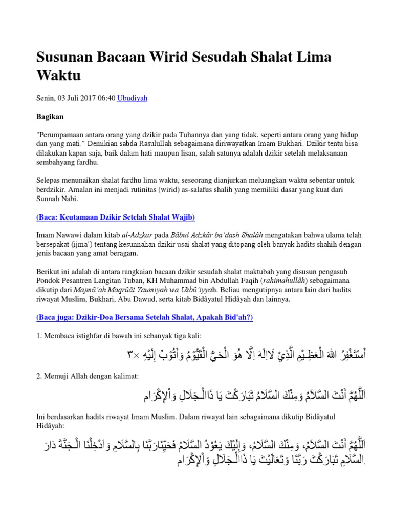 Susunan Bacaan Wirid Sesudah Shalat Lima Waktu | Salat | Islamic