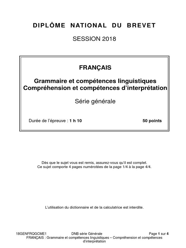 Sujet Brevet Français 2020 Pdf Corrigé DNB 2018 Français Grammaire Et Comprehension Sujet | PDF | Phrase | Troubles