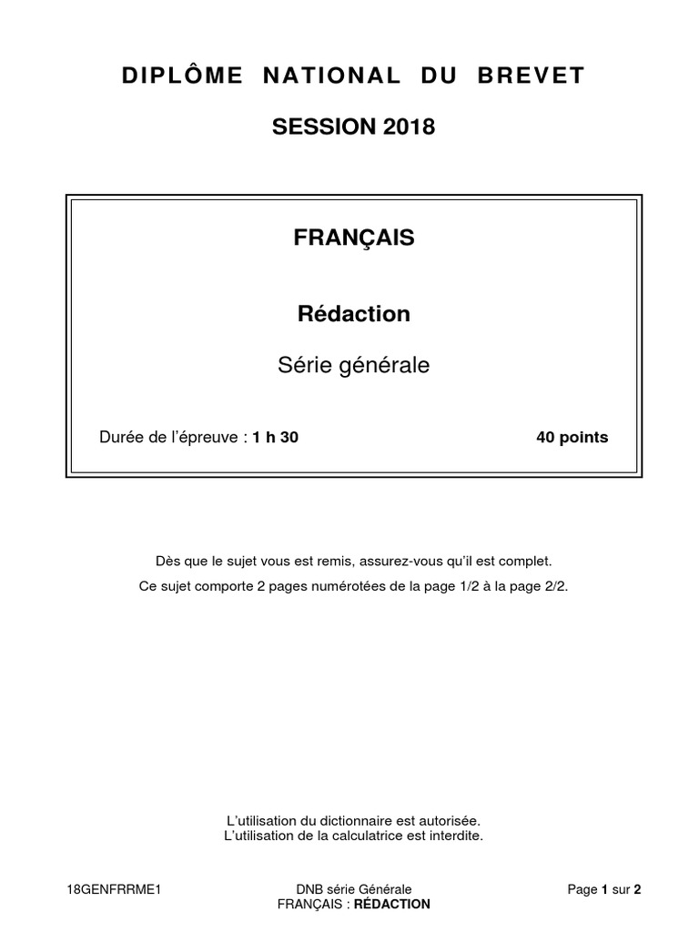 DNB 2018 FRANÇAIS REDACTION SUJET