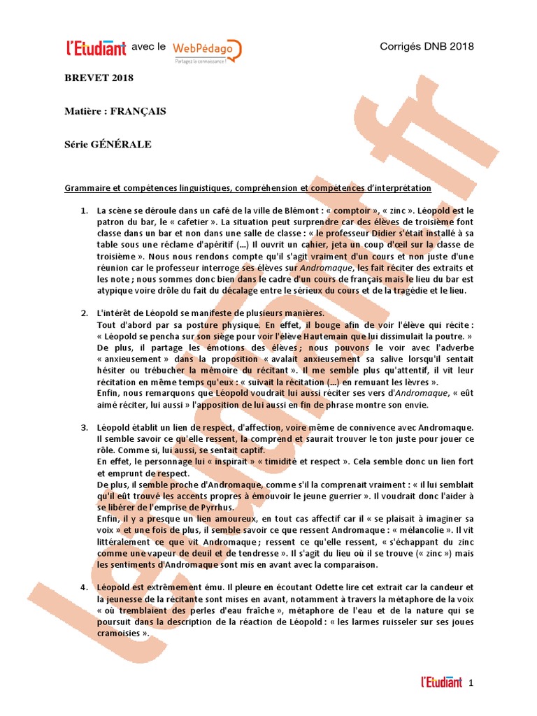 Sujet Et Corrigé Brevet Français 2018