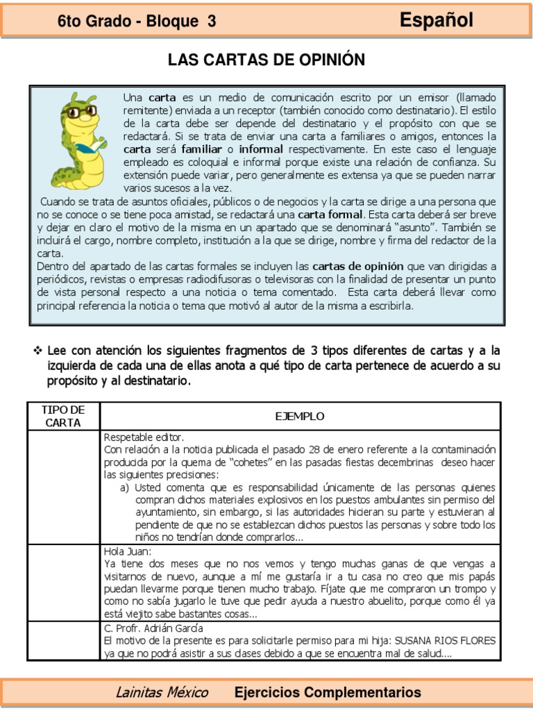 6to Grado - Español - Las Cartas de Opinión | PDF, image size:768x1024
