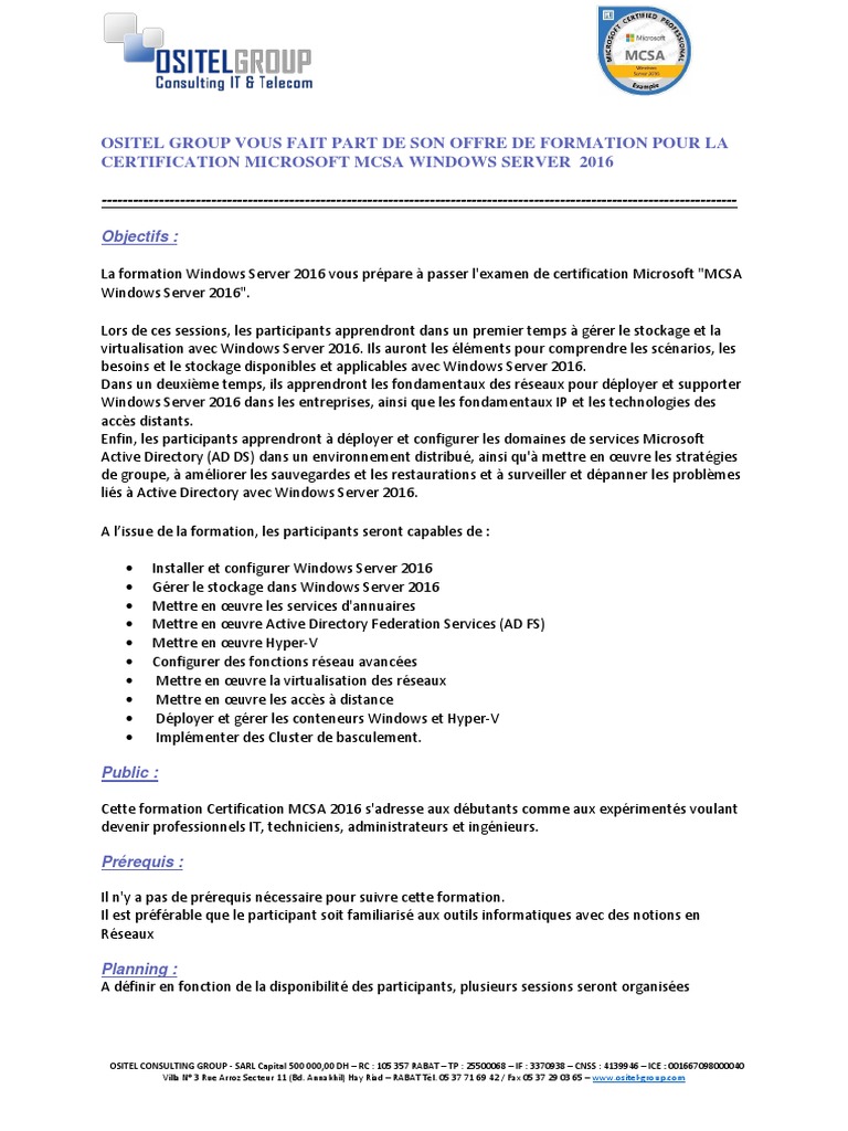 Formation MCSA Windows Server 2016 | PDF | Active Directory | Microsoft ...