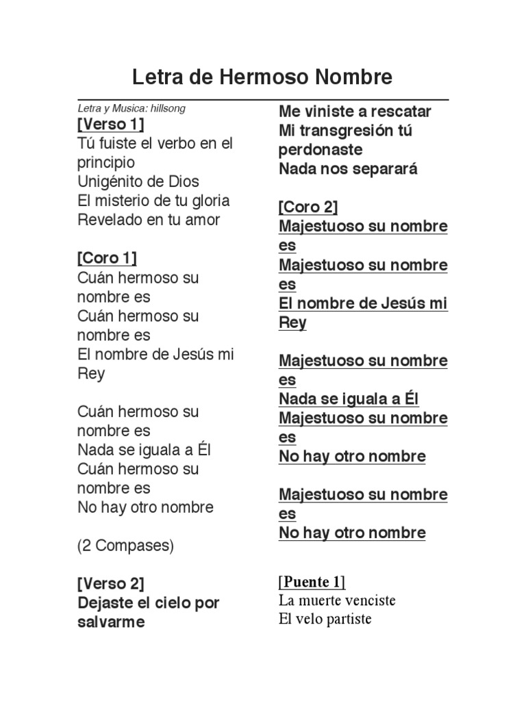 Cuan Hermoso Nombre Es (Lyrics) PDF