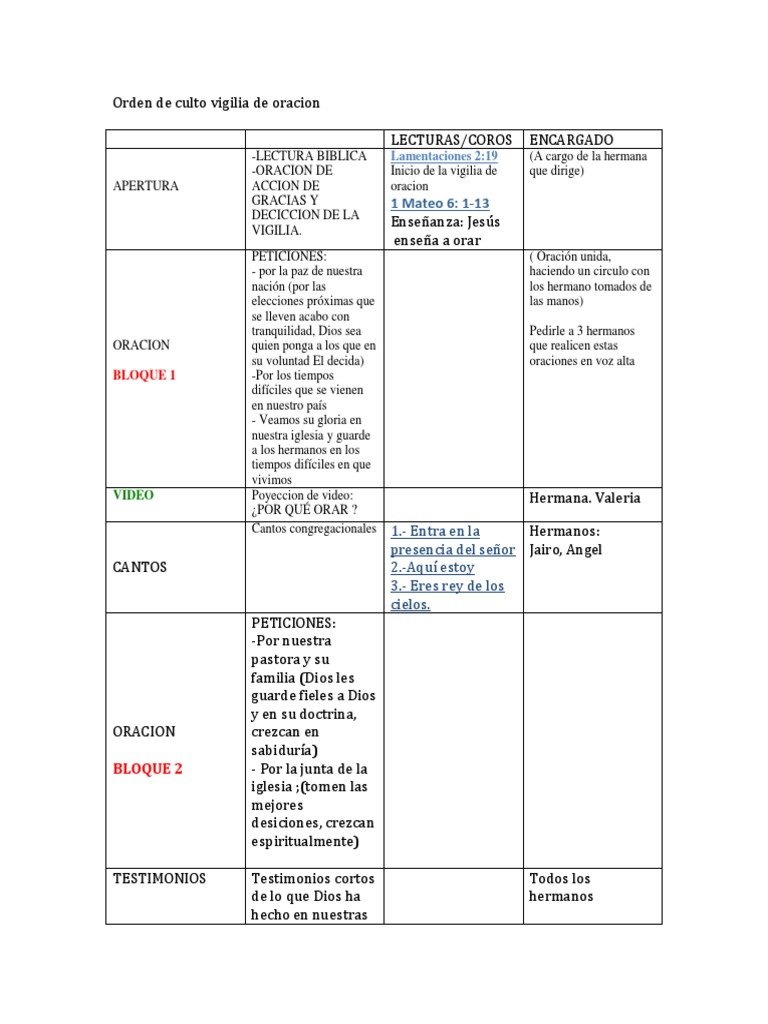 Orden de Culto Vigilia de Oracion | Oración | Religión y creencia