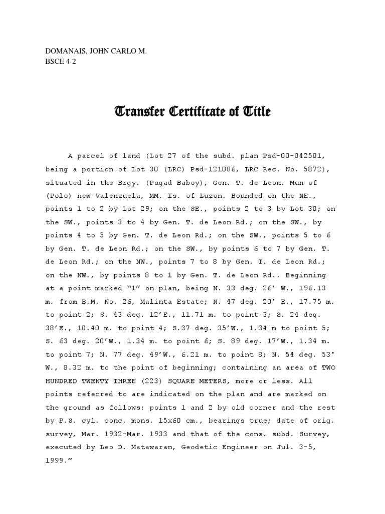 Transfer Certificate of Title for Lot 27 | PDF