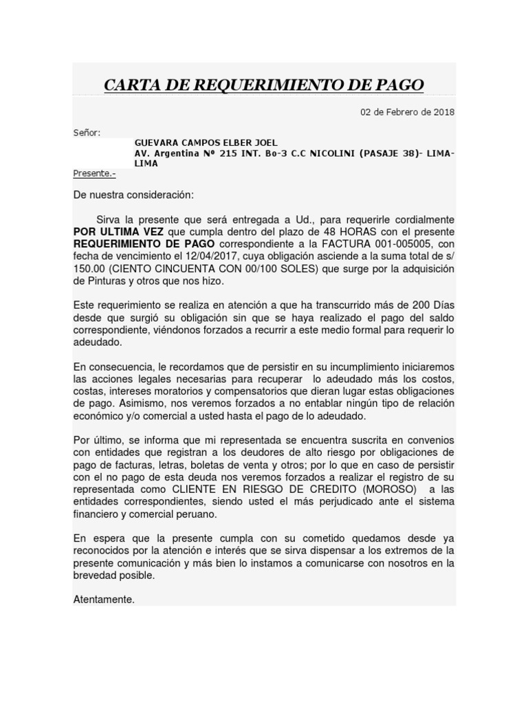 Carta Notarial De Requerimiento De Pago Clientes Riesgo Crediticio