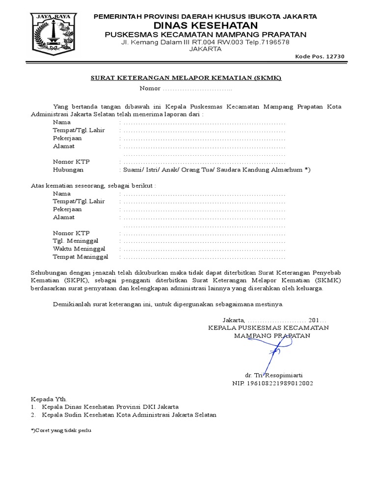 Surat Keterangan Melapor Kematian Skmk