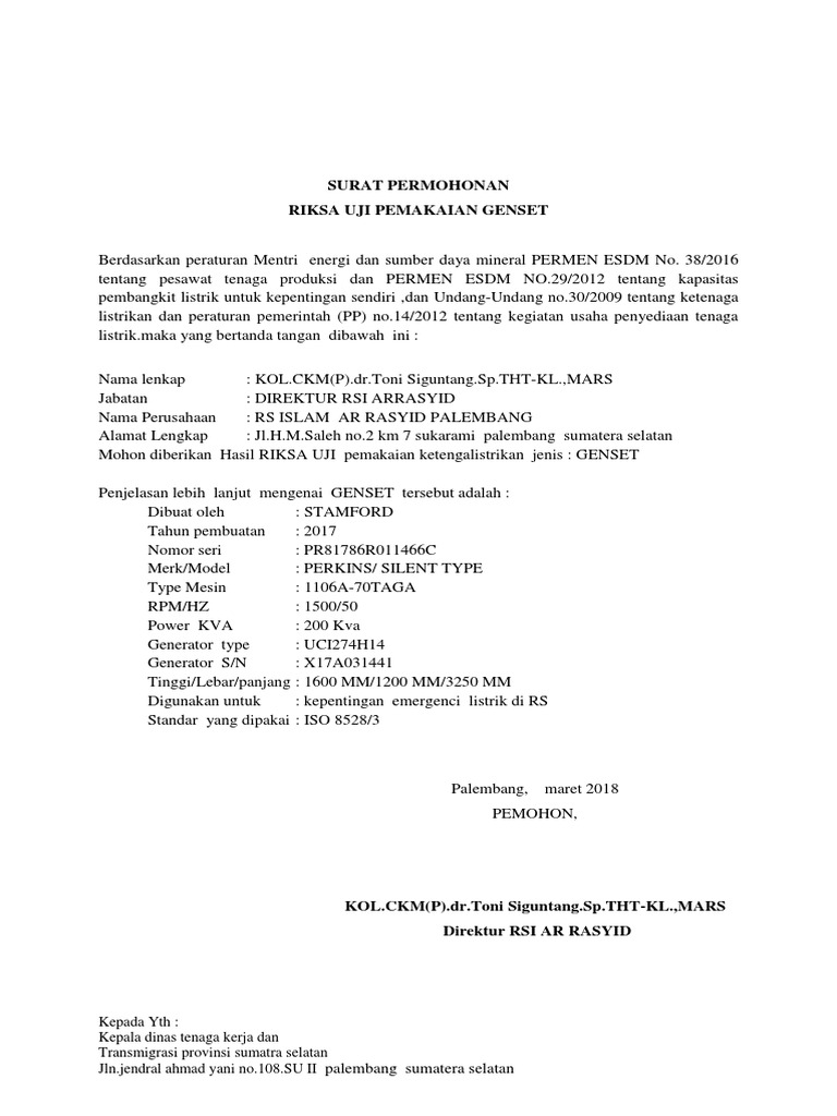 Contoh Surat Izin Genset Contoh Surat Terbaru 2020