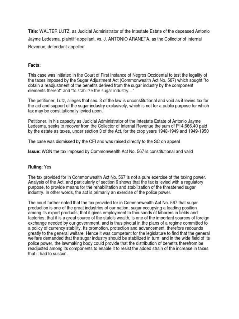 Lutz vs. G.R. No. L7859 PDF Taxes Public Sphere