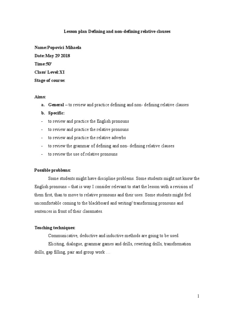 Lesson Plan Defining And Non Relative Clauses Xii I Lesson Plan English Language