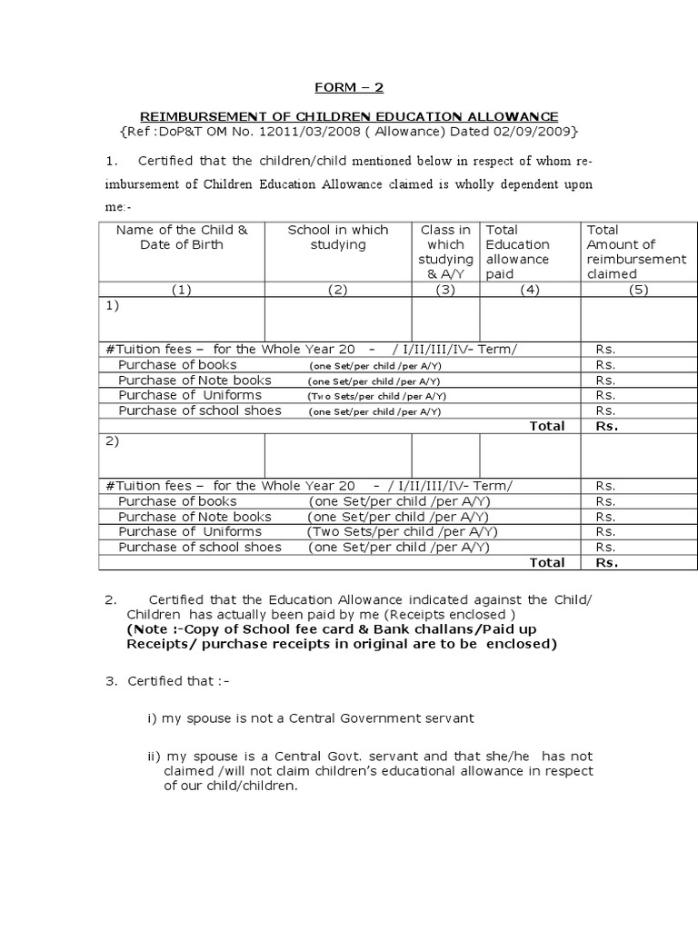 Education Allowance Form | PDF | Fee | Services (Economics)