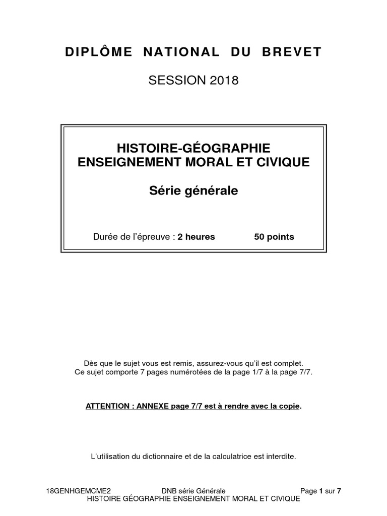 Correction Brevet Histoire Geo 2022 DNB 2018 Histoire Geo Emc Sujet | PDF | Liberté d'expression | Résistance  française