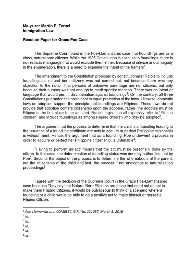 Grace Poe Reaction Paper Immigration Law PDF Citizenship