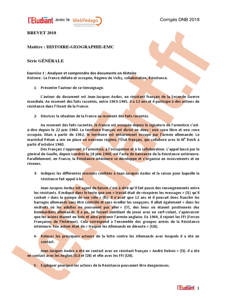 Sujet Brevet Seconde Guerre Mondiale Pdf Corrigé DNB 2018 Histoire Geo Emc Corrige | PDF | Statuts | Résistance française