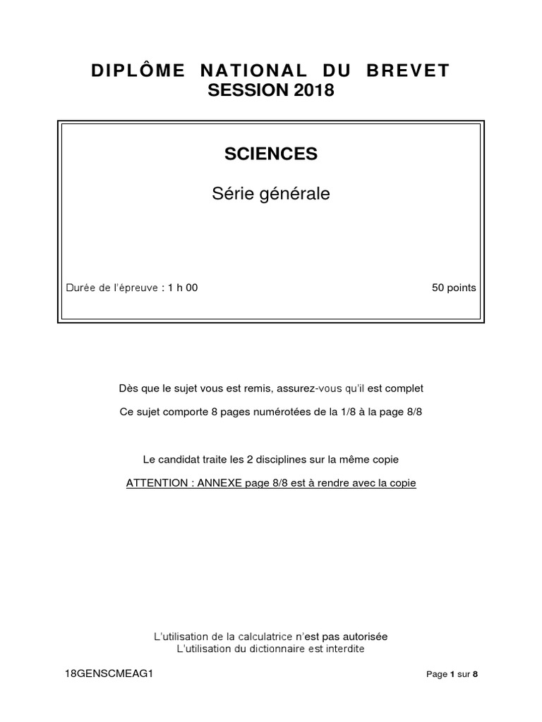 Épreuve de sciences du brevet 2018