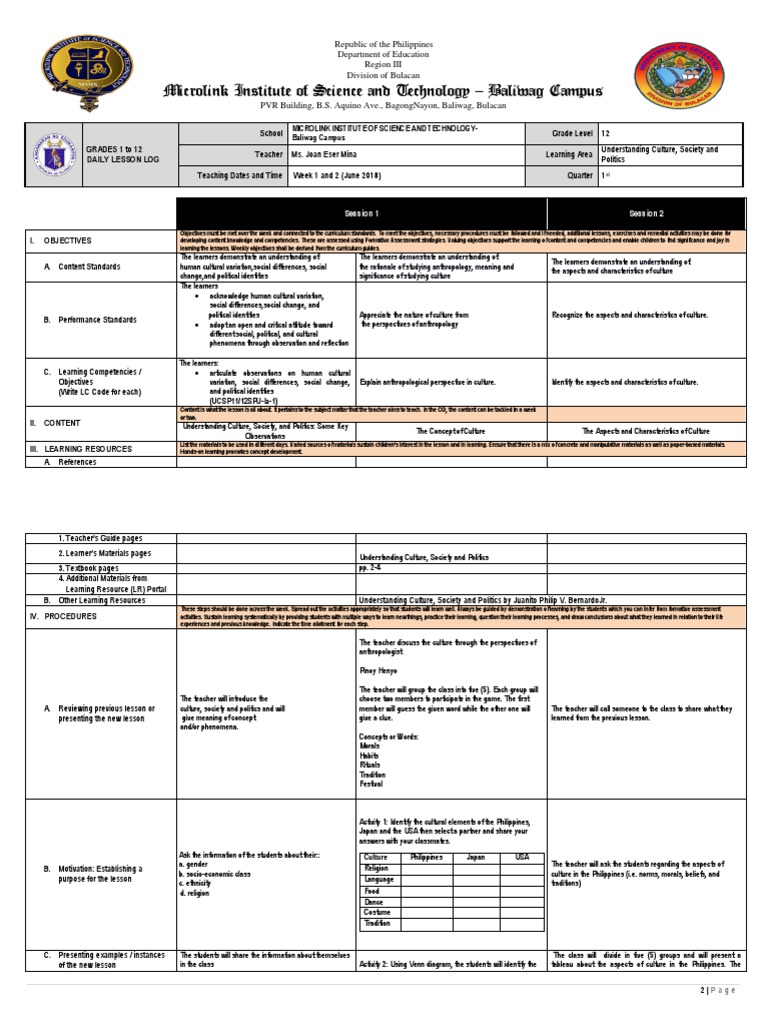 UCSP Daily Lesson Log for Grade 12 | PDF | Educational Assessment ...