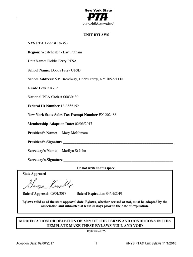 Dobbs Ferry PTSA Unit Bylaws PDF Board Of Directors By Law