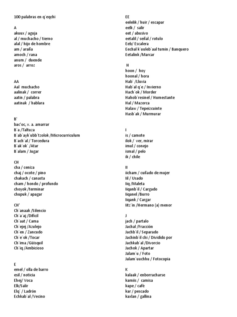 100 Palabras en q Eqchi Carbohidratos Sacarosa